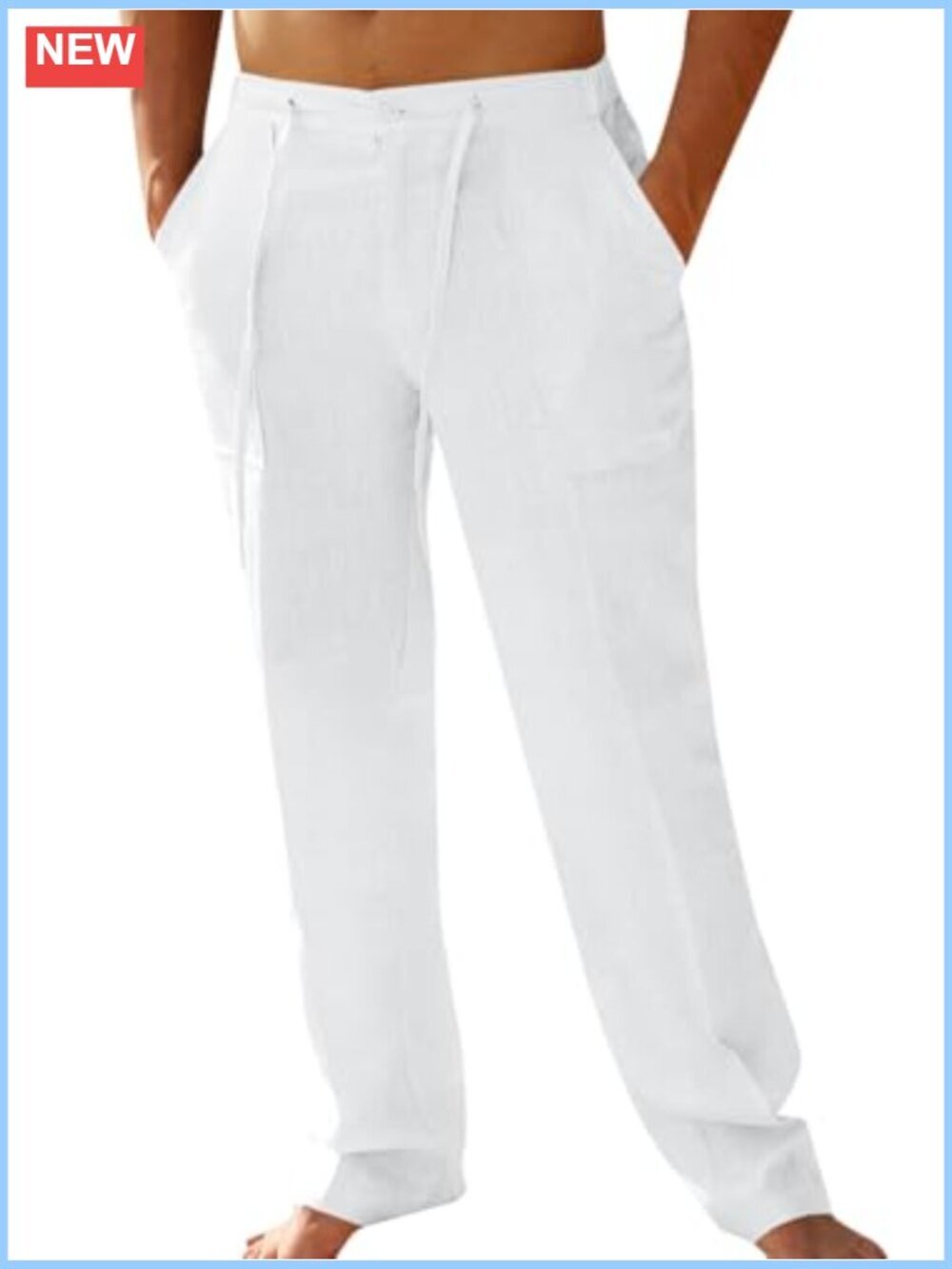 Mens Cotton Linen Pants Casual Summer Beach Straight Leg Drawstring Trousers
